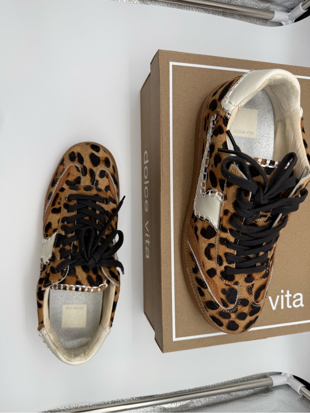Dolce Vita Leopard Print Sneakers in Brown, Black and Cream - Picture 3 of 6